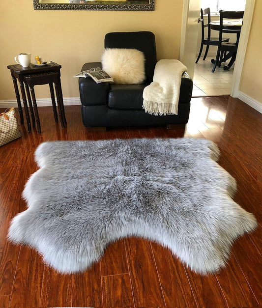 LAMBZY Faux Sheepskin Hypoallergenic Free Shape Silky Shag Rug, Luxury Shaggy Silky Plush Carpet for Bedrooms Rugs Living Kids Room Sofa Floor Rugs (Double Side by Side 3'x4', 90x120cm, Grey)