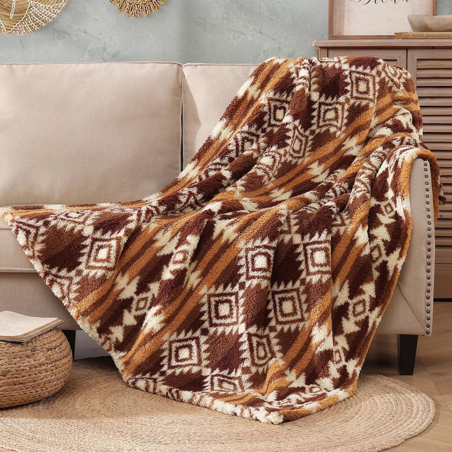 CASAAGUSTO Boho Sherpa Blanket, Aztec Twin Blanket,Ultra Soft, Warm, Cozy, Plush, Thick Fleece Throw Blanket for Couch, Bed, Sofa (Terracotta 60 * 80 Inch)