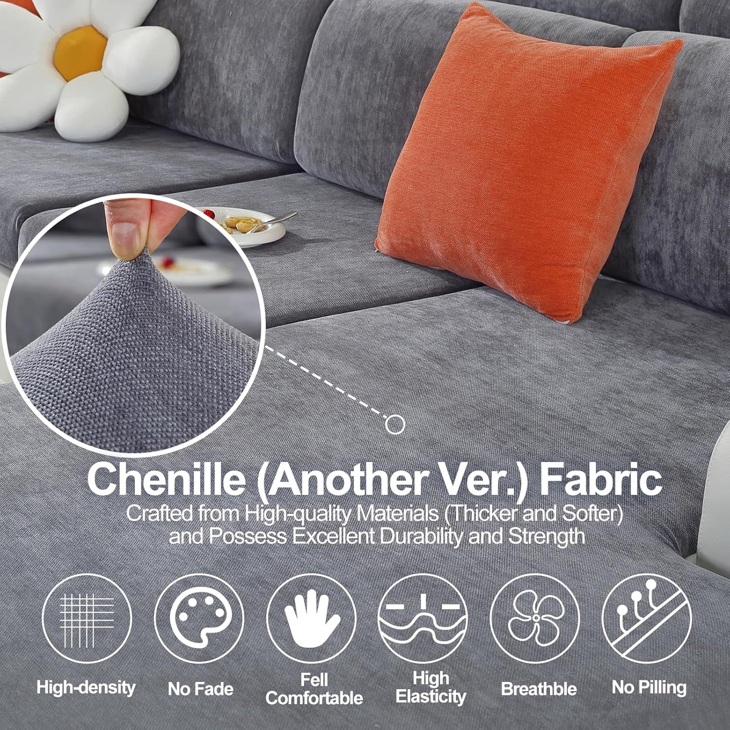 Couch Cushion Covers for L Shaped Sectional Sofa – Softer Chenille Sofa Covers Washable, Non-Slip Stretch Couch Covers & Individual Seat Cushion Slipcovers (3 Piece, Dark Grey)