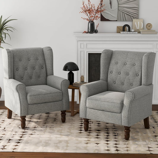 Lumibee High Back Accent Chair Set of 2,Upholstered Wingback Armchair with Solid Wood Legs for Small Spaces,Comfy Single Sofa Chair for Living Room,Bedroom,Office-Light Gray