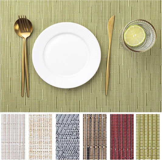 LEXMORE Placemats Set of 8 Vinyl/Plastic Woven Place Mats for Kitchen Table Indoor/Outdoor Washable Placemat Wipeable Dining Table Mats(Pea Green)