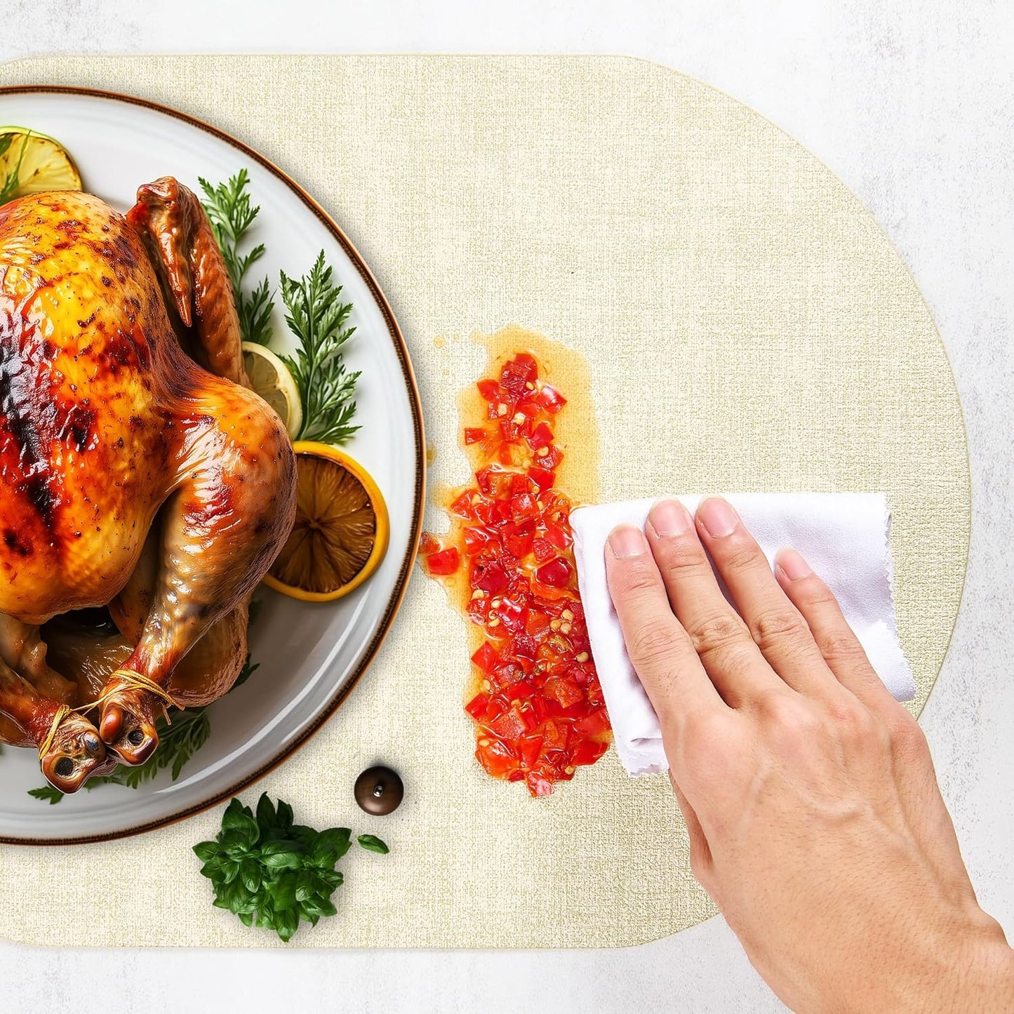 DOLOPL Large Placemats Set of 6, Oval Reversible Wipeable & Non-Slip Place Mats, Modern Faux Leather Table Mats for Kitchen, Neutral Tablemats for Dining Table Decor, Wedding, Party(Beige)