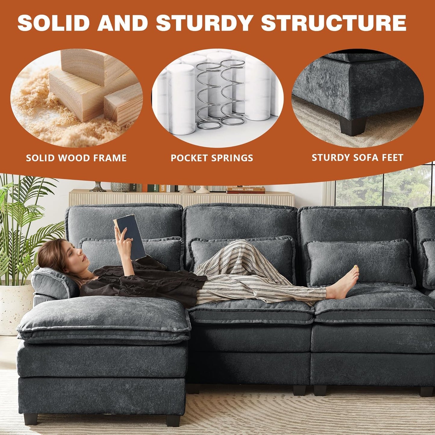 113" Oversized Cloud Couch, U Shape Sectional 4 Seat Sofa with Double Chaises, 2 Layer Cusions, Deep Seat Comfy Sofa, Upholstery Chenille Fabric for Living Room, Dark Grey