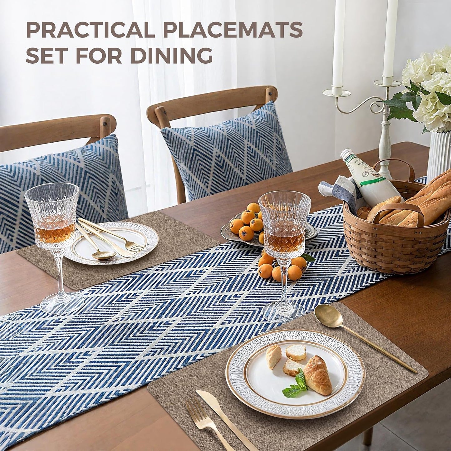 Vinyl Placemats Set of 4, Faux Leather Waterproof and Heat Resistant Place Mats, Washable Anti-Slip Table Mats with Coaster, Wipeable Placemats for Indoor & Outdoor 17" x 12" (Light Coffee, Set of 4)