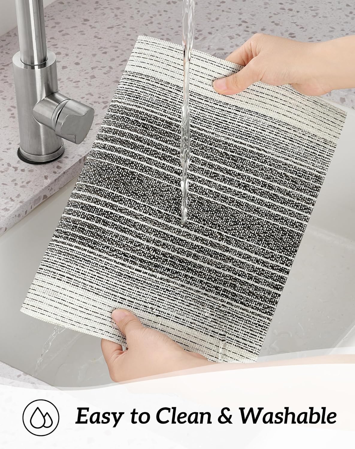 Leetaltree Black with White Woven Placemats Set of 12 - Heat Resistant Non-Slip Place mats for Dining Table, Washable Durable PVC Vinyl Woven Table Mats(Black with White, 12)