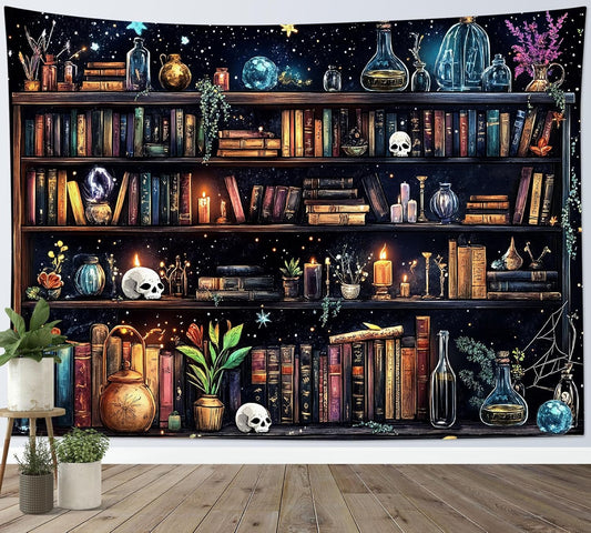 HVEST Magic Bookshelf Tapestry Wall Hanging Vintage Bookshelf Witchy Books Plant Skull Gothic Halloween Wall Decor Starry Sky Tapestry for Bedroom Living Room Dorm, 60L x 80W Inches