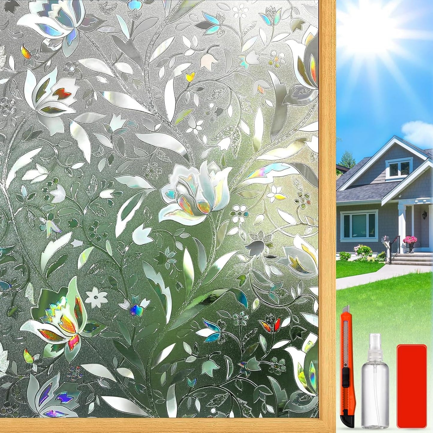 Rainbow Window Privacy Film Decorative, Stained Glass Window Tint for Home, 3D Decals Window Clings for Glass Windows, Static Cling Window Sticker, Suncatcher Window Cover,45.2" by 157.4"