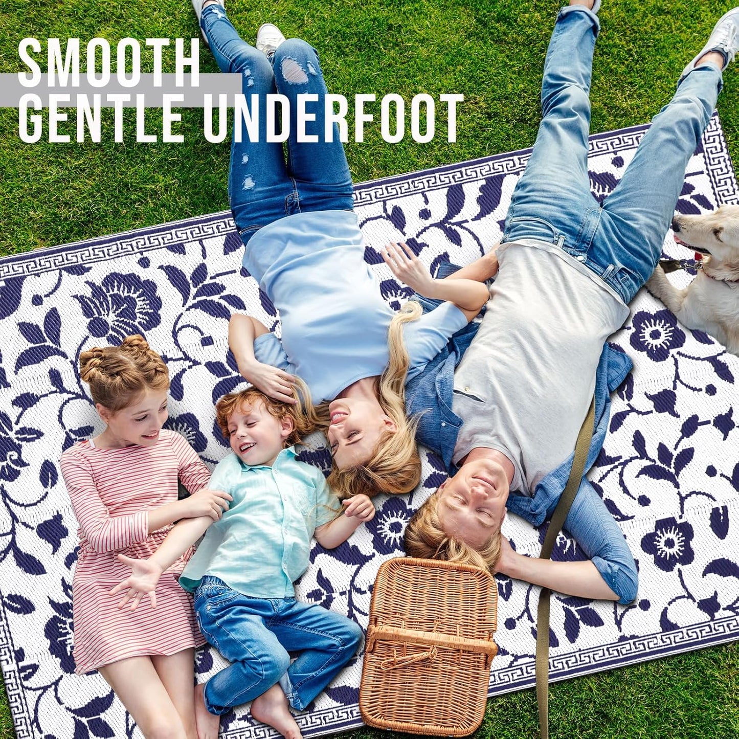 OLANLY Waterproof Outdoor Rug 5x8 ft, Outdoor Plastic Straw Rug with Flower Pattern, Reversible RV Mat for Patio, Camping, Balcony, Deck, Backyard, Navy & White