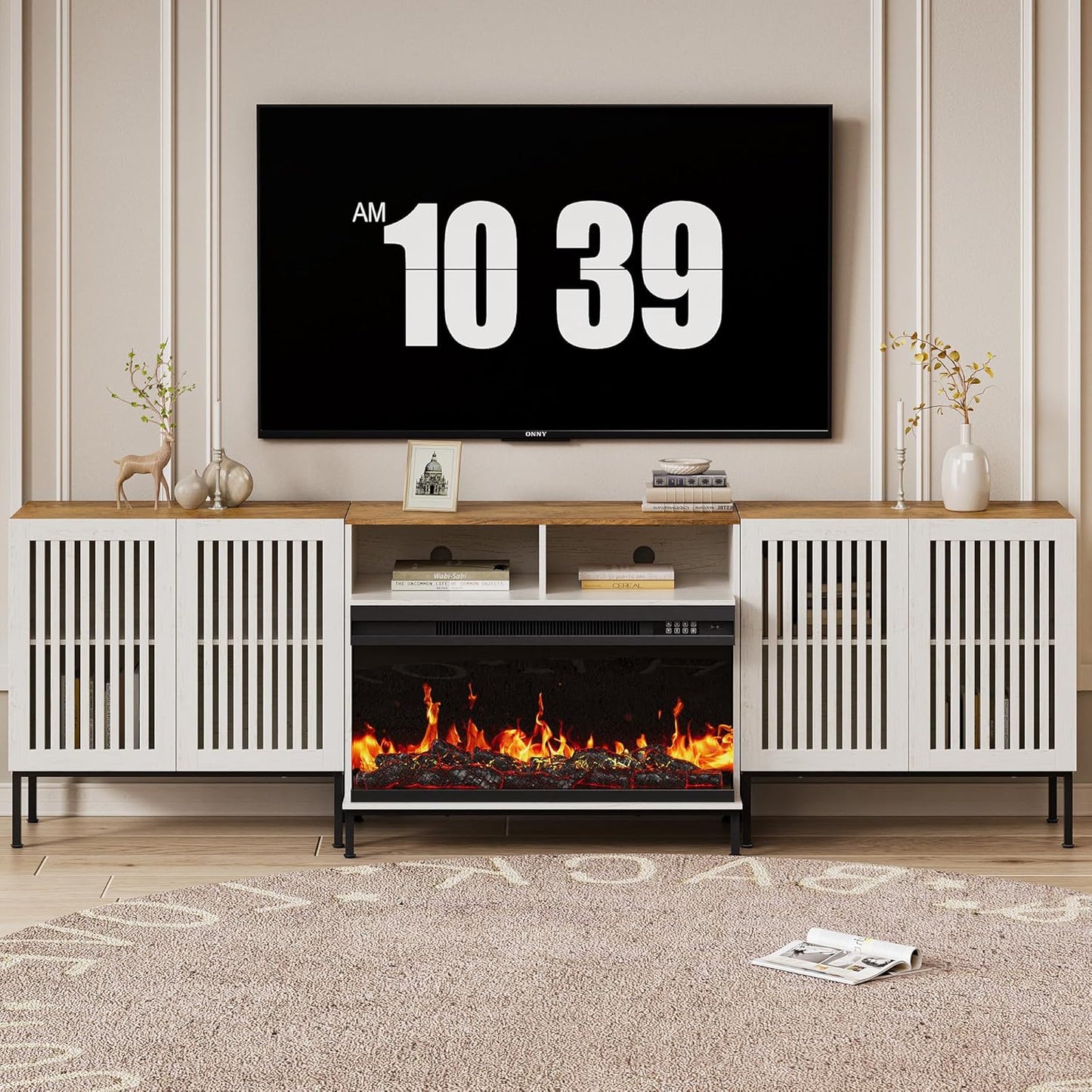 3-Sided Glass Farmhouse Fireplace TV Stand for TVs Up to 100 Inch, Entertainment Center with 36" Electric Fireplace, TV Console with Storage Cabinets for Living Room, Antique White