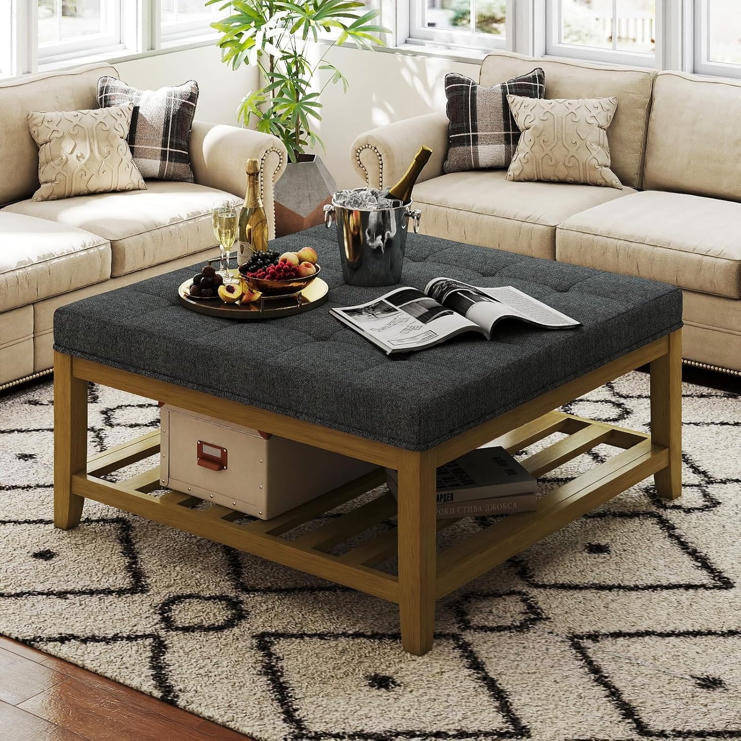 Large Square Ottoman Coffee Table, Linen Solid Upholstered Footrest Ottoman with Solid Wood Shelf Storage Tufted Coffee Table for Bedroom Living Room, Dark Gray