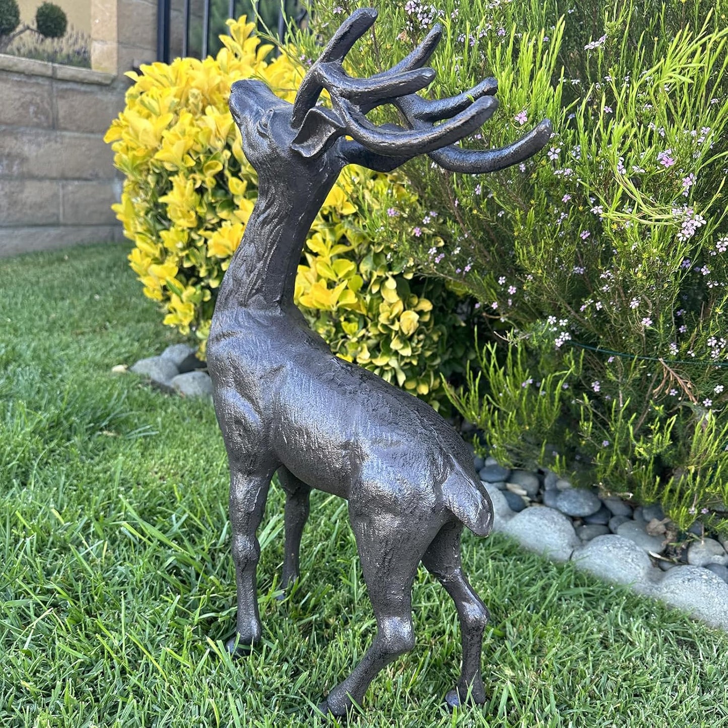 Cast Iron Deer Statue（22" Tall）, Realistic Large Antler Sculpture, Outdoor Garden Decor for Lawn Patio Yard, Indoor Home Art Figure HC5691