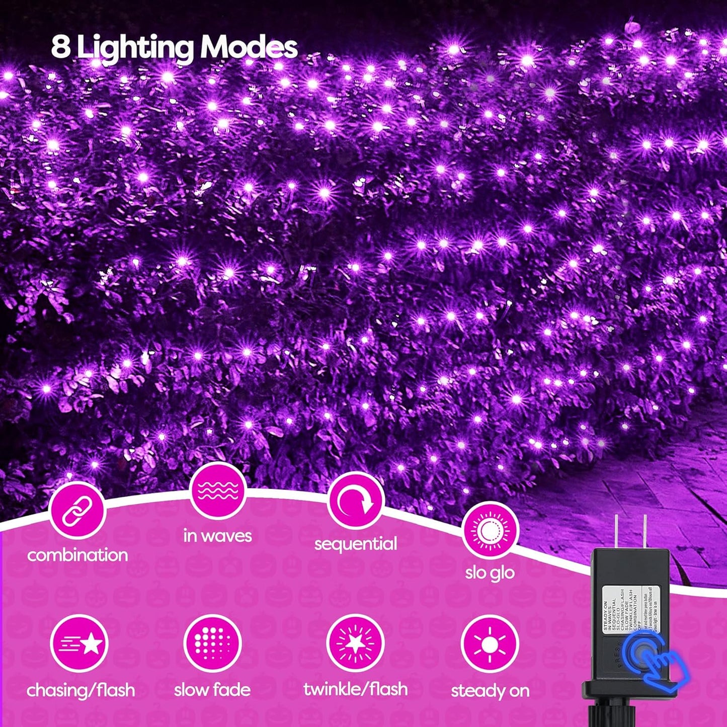 WBao Halloween Lights Outdoor 200LED 8.4ft x 5.2ft Purple Net Lights with 8 Modes, Timer, UL Certified, Connectable, Waterproof & Dark Green Wire for Lawn, Bushes, Trees, Outdoor Halloween Decorations