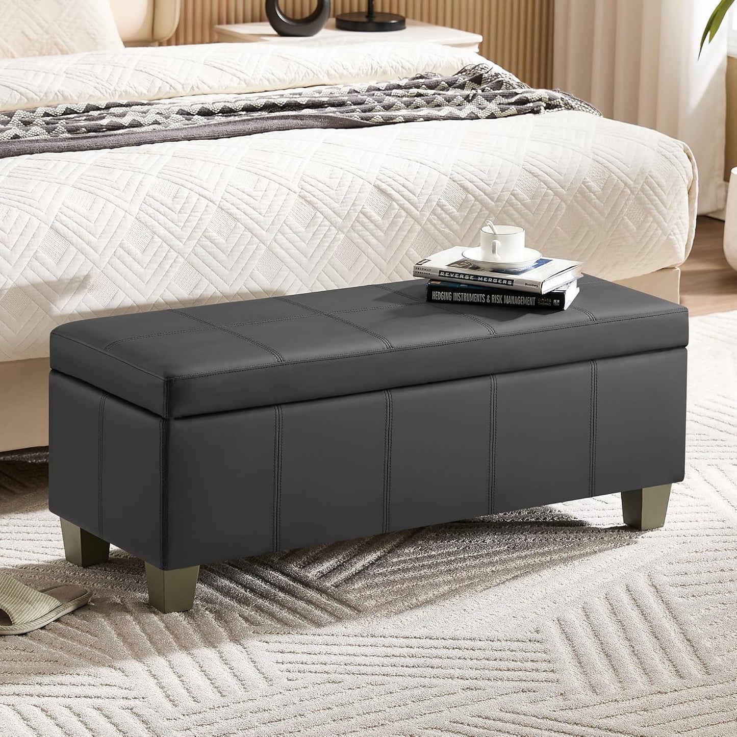 41" Faux Leather Storage Ottoman, Stitch Tufted Rectangle Upholstered End of Bed Storage Bench, Entryway Large Couch Ottoman with Wooden Legs,Dark Grey