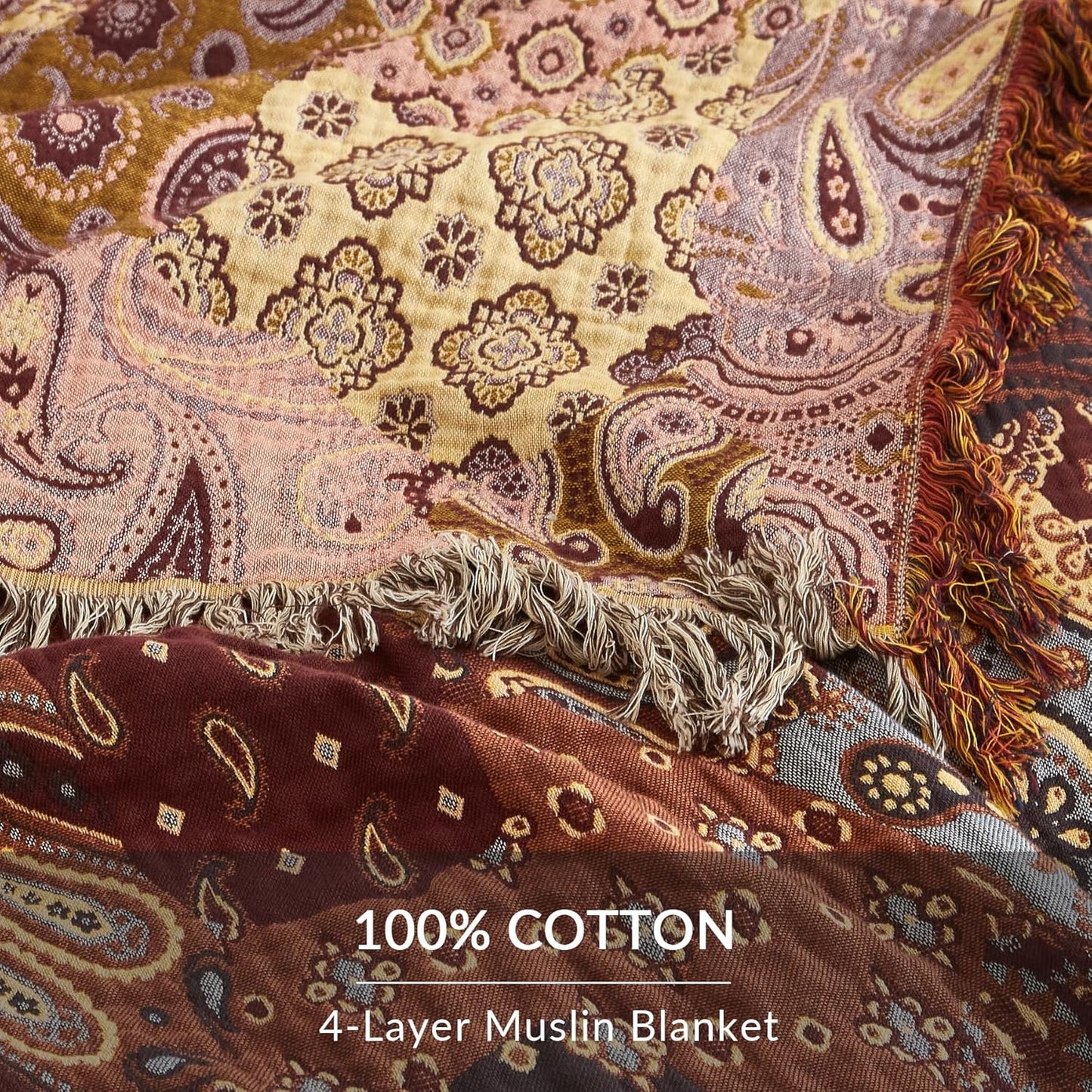 Boho Throw Blanket for Couch Sofa Bed, 100% Cotton Woven Quilt with Tassel 60”x80”, Super Soft Muslin Blanket with Patchwork Printed, Decorative Reversible Bed Blanket/Cover for All Seasons