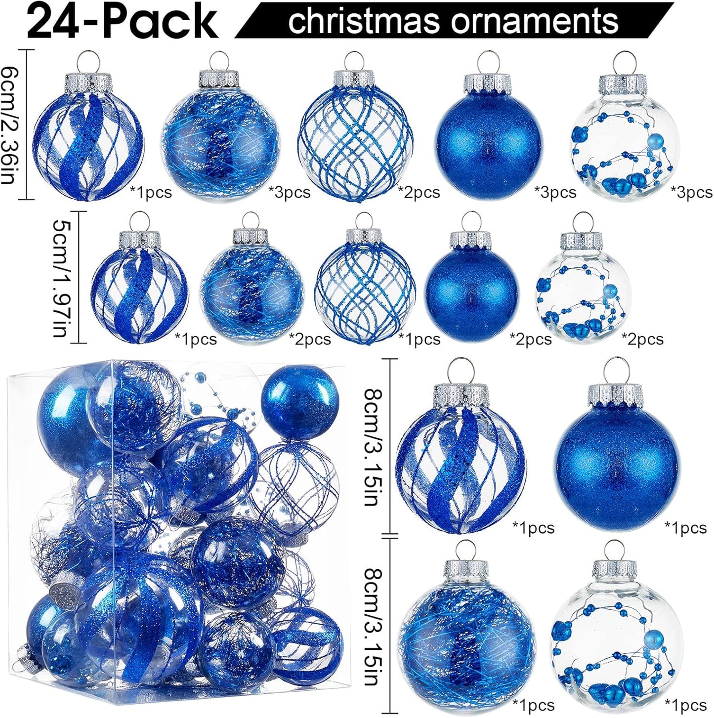 Clear Christmas Ball Ornaments,24ct Shatterproof Plastic Decorative Christmas Ornaments Hanging Xmas Tree Baubles Set for Holiday Party Home Decor(Blue)