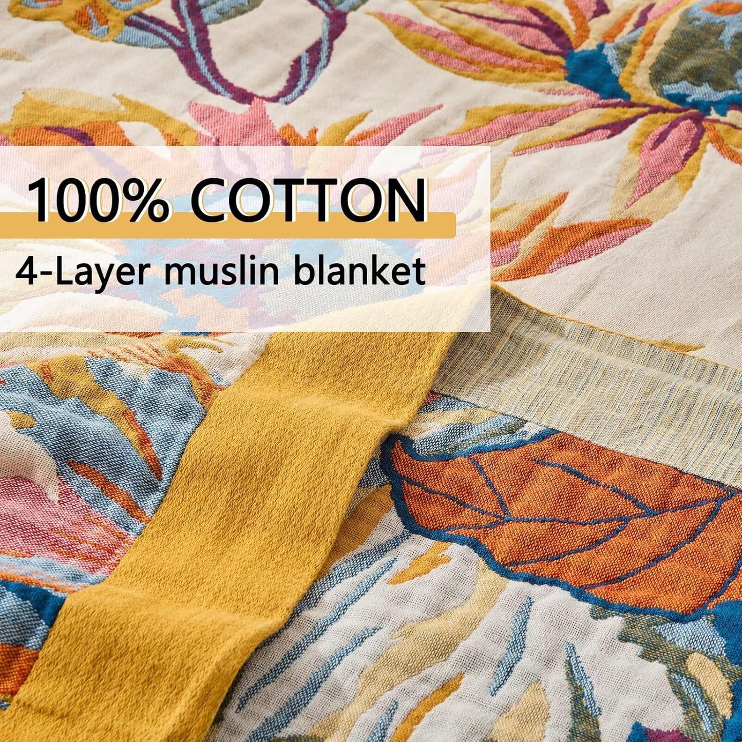 100% Cotton Boho Throw Blanket, King Size Living Room Reversible Fall Throw Blanket, Boho Floral Bird Colorful Retro Quilt Ultra Soft Reversible Gauze Blanket for All Season, 90"x98"