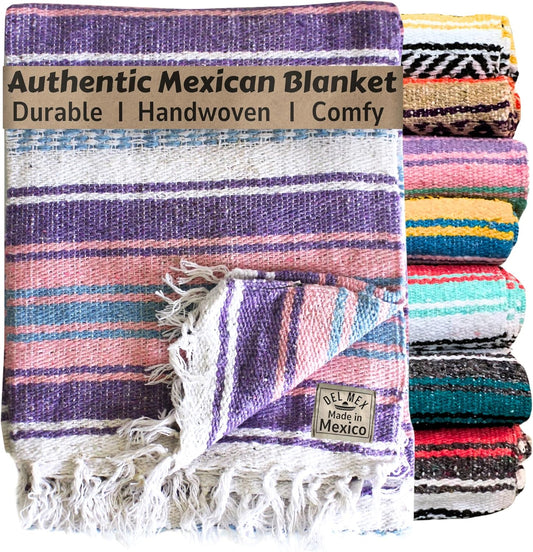 Del Mex Classic Mexican Blanket, Large Authentic Woven Falsa Throw (70"x50"), Artisan Southwest Décor for Beach, Yoga, Outdoors (Lavender/Pink)