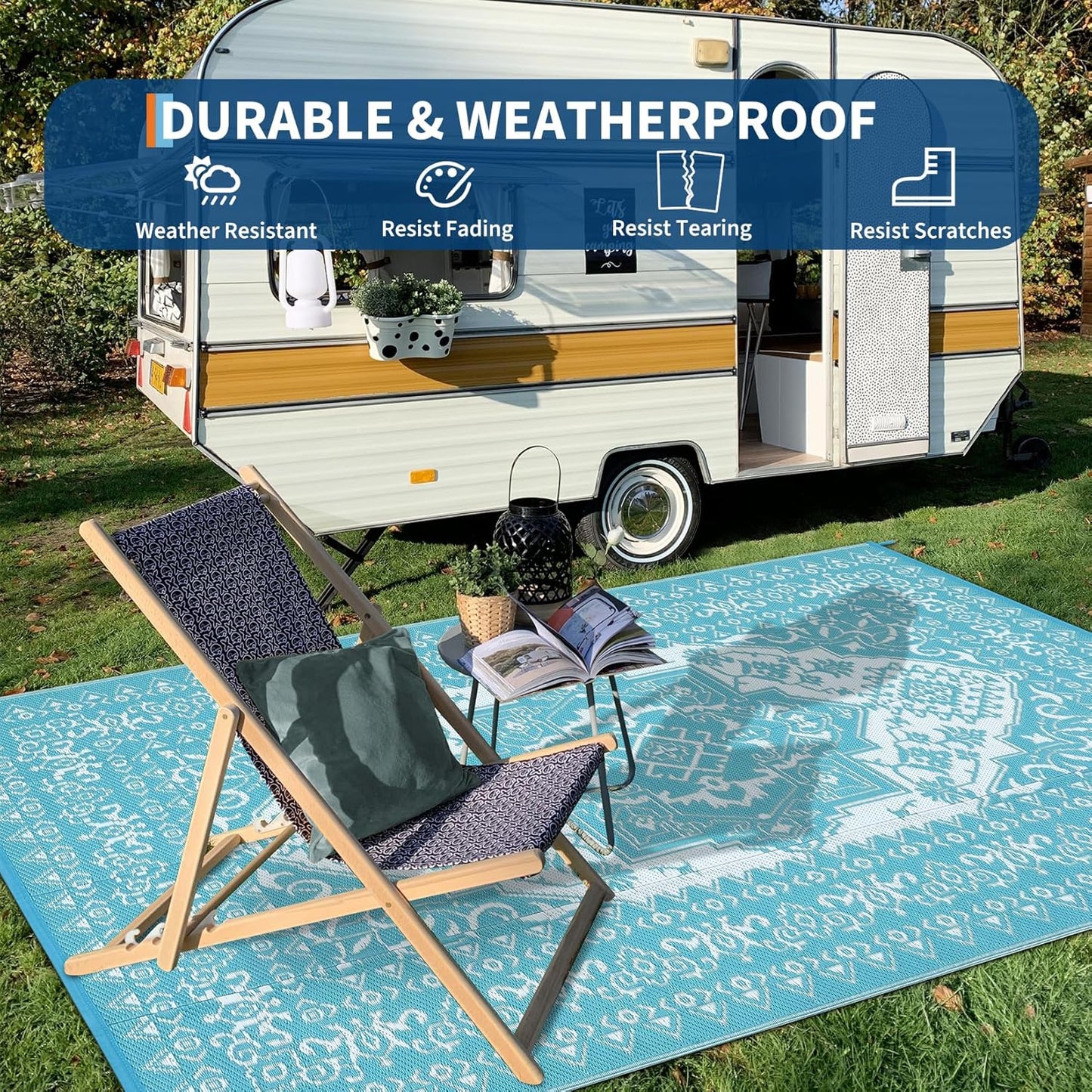 GAOMON Outdoor Rugs 8x10 Waterproof Reversible Outdoor Plastic Straw Rug, Large Patio Rugs UV-Resistant Portable RV Camping Mats, Vintage Boho Carpet for Deck Porch Garden, Light Blue & White