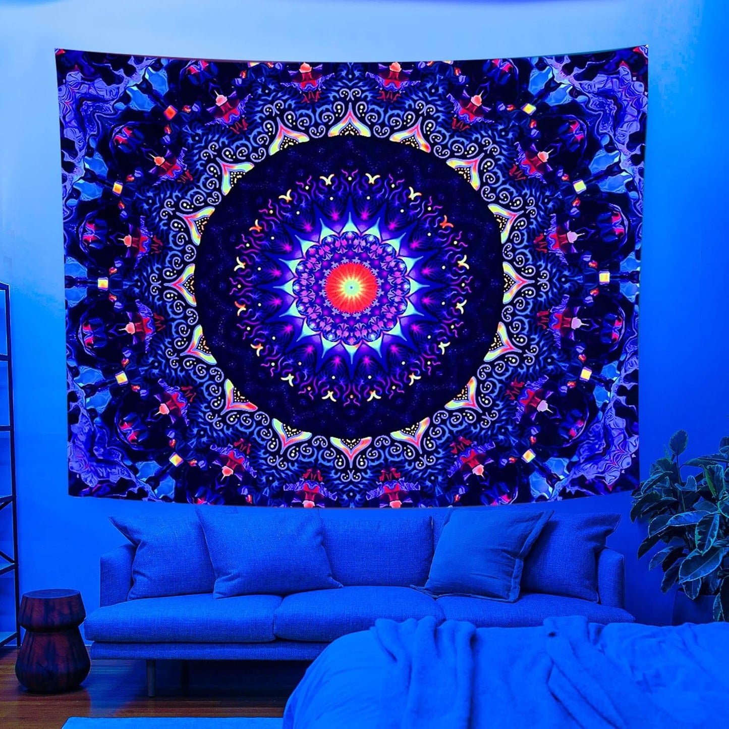 OSVINO Blacklight Trippy Mandala Tapestry 79"x59" UV Reactive Fantasy Tapestry Aesthetic Wall Decor for Living Room Bedroom Boho Wall Hanging