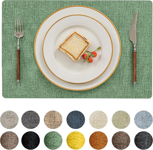 Romanstile Vinyl Placemats Set of 6-12 X 18 Inch - Heat Resistant Place Mats 100% Waterproof Oilproof Wipeable Reversible Faux Leather Table Mats for Kitchen/Dining/Party/Outdoor, Dark Green