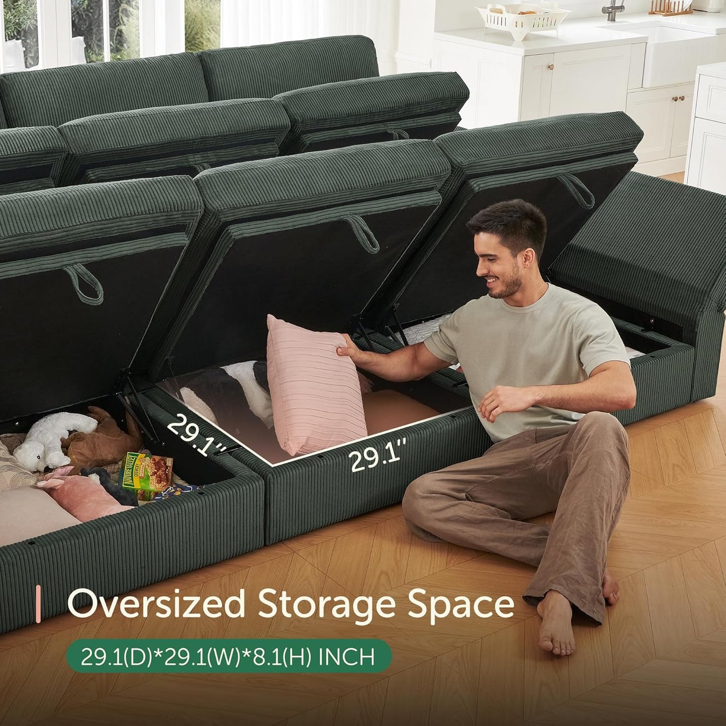 HONBAY Modular Sectional Sofa with Storage Corduroy Sectional Sleeper Sofa Modular Sectional Couches for Living Room,Green