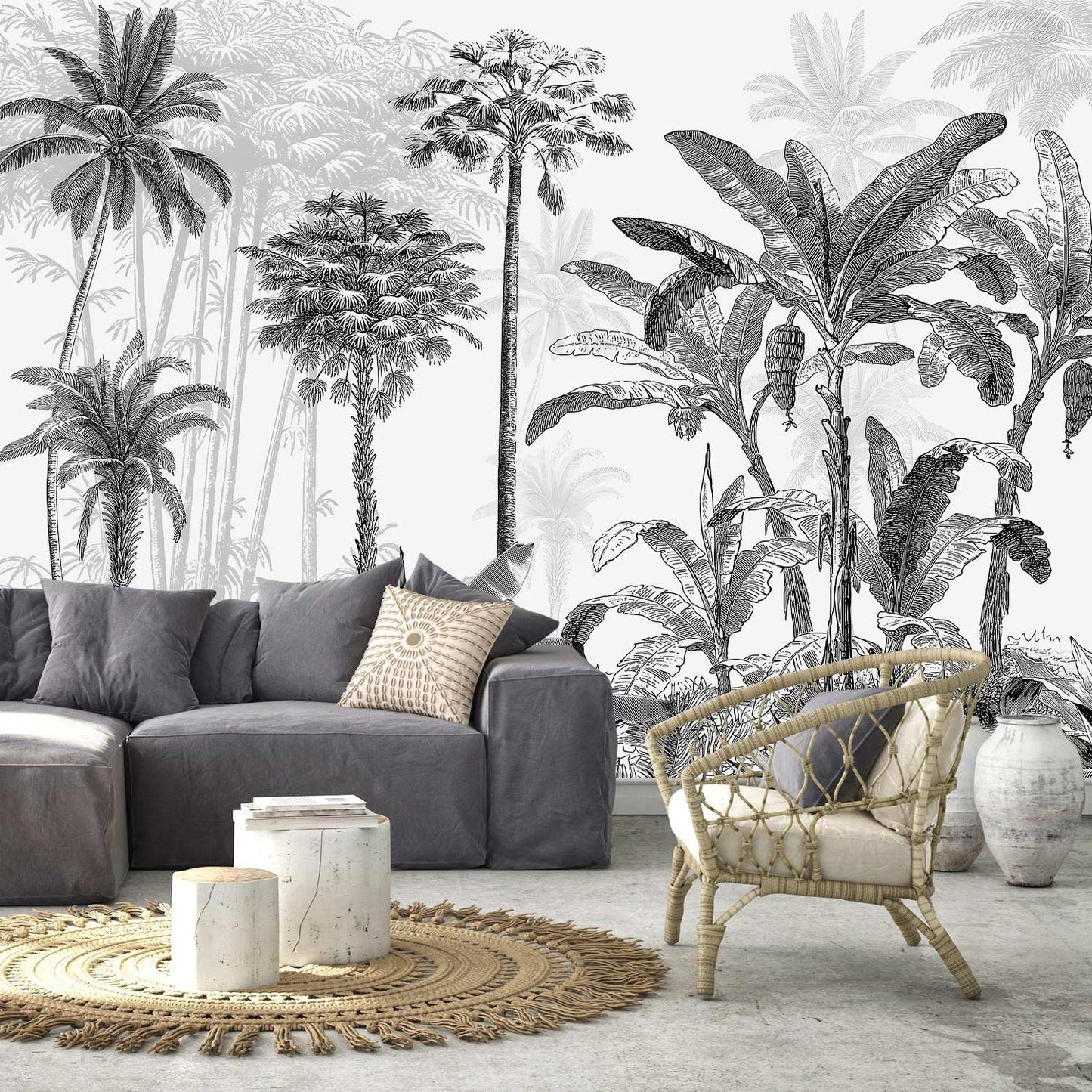 AFZEVEB-Black and White Jungle Wallpaper Hand-Painted Tree Wall murals for Bedroom 159"x107" (Not Peel and Stick)