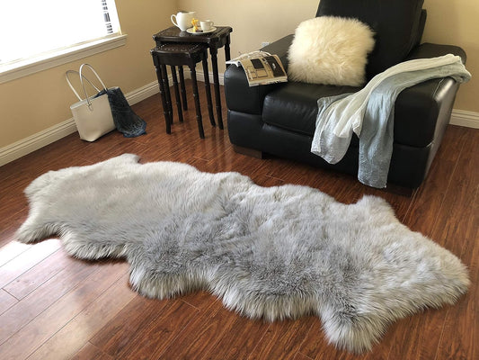 LAMBZY Faux Sheepskin Hypoallergenic Free Shape Silky Shag Rug, Luxury Shaggy Silky Plush Carpet for Bedrooms Rugs Living Room Kids Rooms Sofa Floor Rugs (Double 2'x6', 60x180cm, Grey)