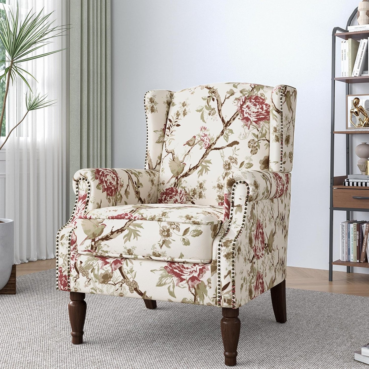 Lumibee Wingback Accent Chair,High Back Floral Armchairs in Fabric,Comfy Upholstered Reading Single Sofa Chair with Solid Wood Legs for Living Room,Bedroom,Office-Floral Beige