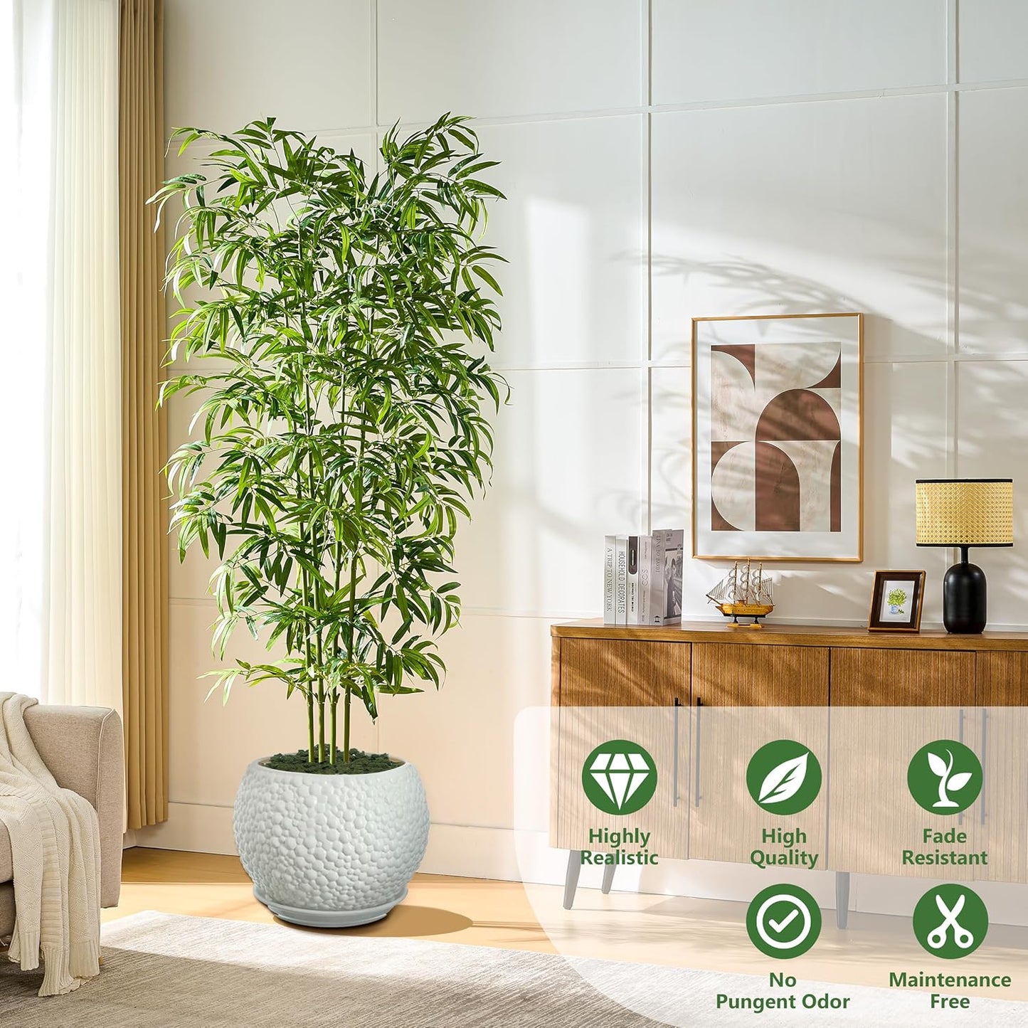 Artificial Tree Fake Plants, Artificial Bamboo Tree 7FT Tall in White Potted, Artificial Tree Indoor Decor Bamboo Silk Tree with Natural Wood Trunk, for Home Office Living Room Modern