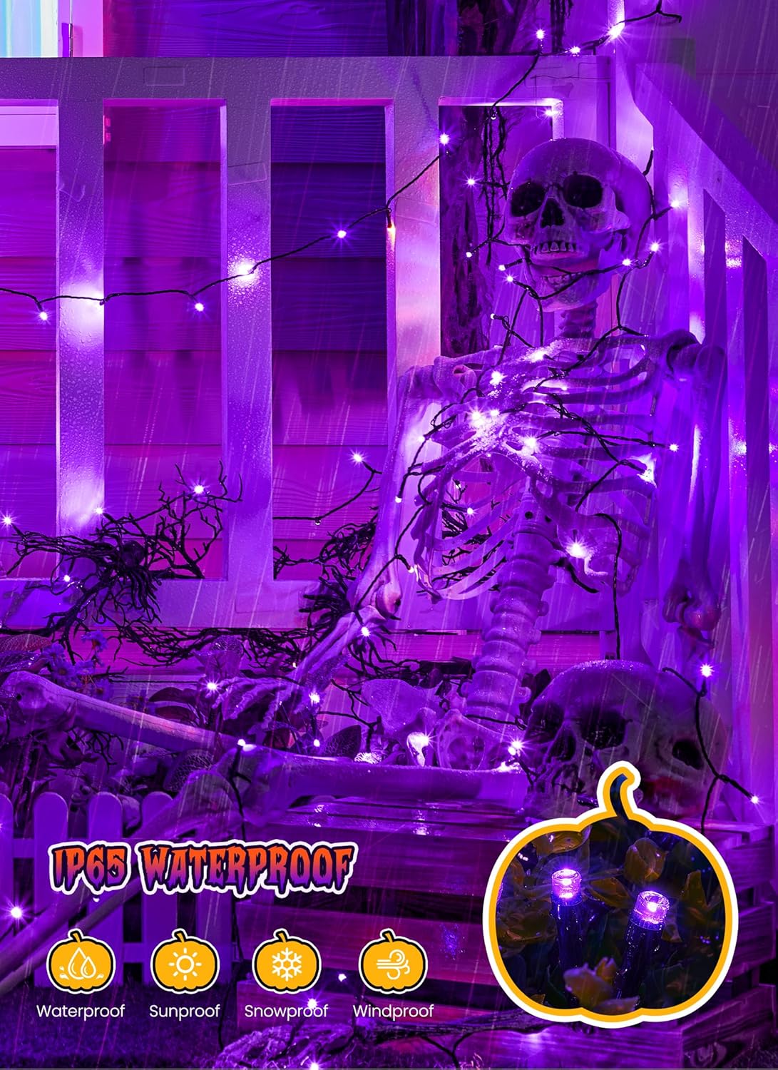 Brightown 2 Pack Halloween Solar String Lights Outdoor, Total 144Ft 400 LED Twinkle Fairy Lights Waterproof with 8 Modes Auto On/Off for Patio Tree Garden Party Home Decorations (Purple)