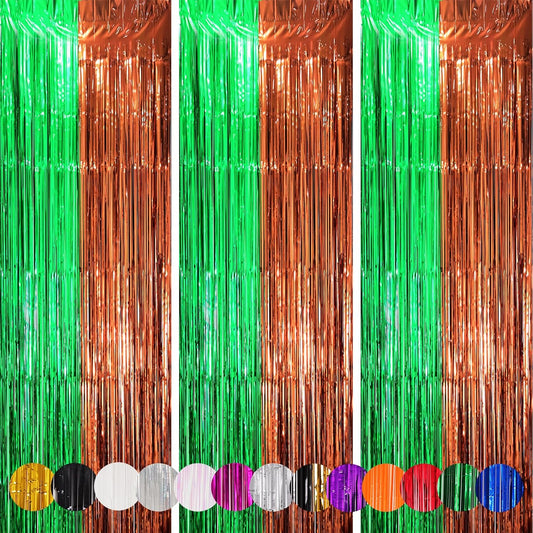 3 Pack 3.3 x 8.2 ft Green and Brown Foil Fringe Backdrop Curtains, Tinsel Streamers Party Decorations, Fringe Backdrop, Door Shimmer for Super Bowl or Birthday Party