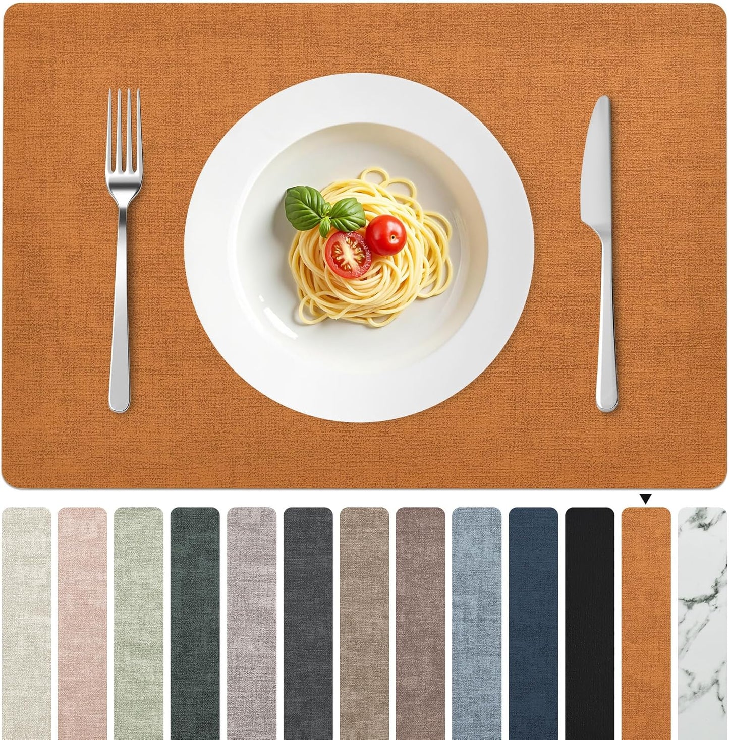 FROMHEART Faux Leather Placemats Set of 12–Waterproof,Heat/Oil Stain-Resistant PU Table Mat–Reversible,Non-Slip,Easy to Clean Place Mats for Kitchen,Dining,Indoor/Outdoor,(Orange-Grey,11.8" x 17")
