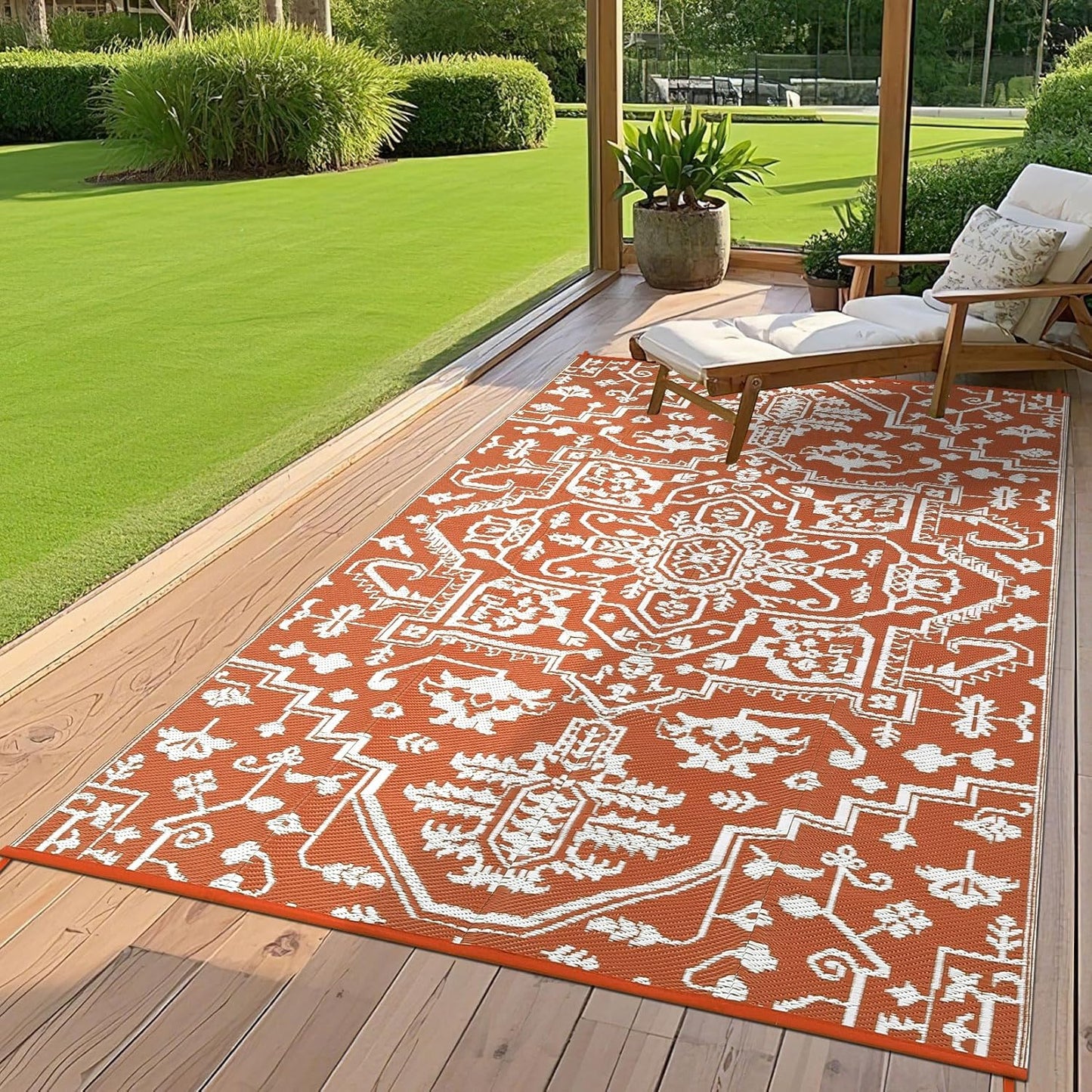 Outdoor Rug 9x12 Waterproof Reversible Plastic Straw Patio Rug, Stain-Resistant Vintage Medallion Carpet, Large Easy-Cleaning Indoor Outdoor RV Mat for Deck, Camping, Balcony, Terracotta Brick/White