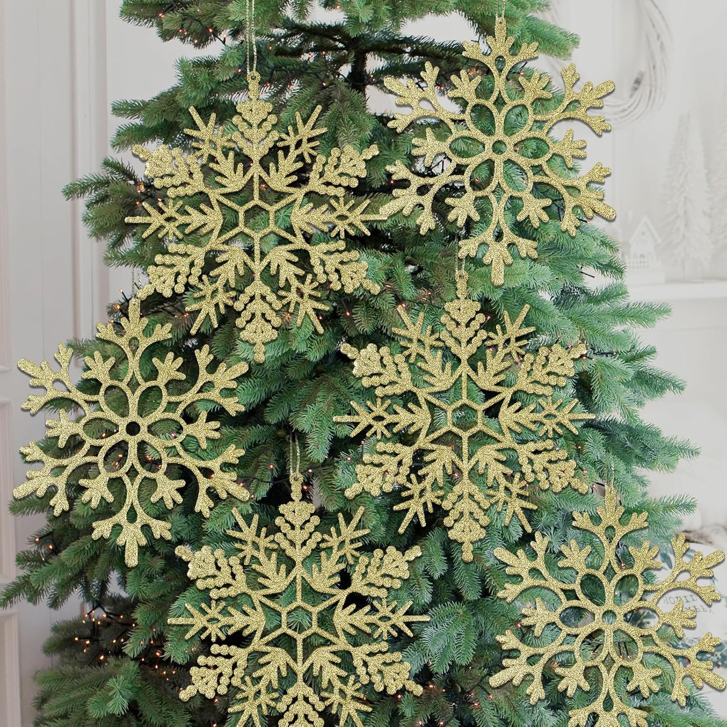 6pcs Large Gold Snowflakes Ornaments 12" Big Plastic Glitter Snowflake for Winter Indoor Outdoor Christmas Tree Window Room Decorations Giant Craft Snowflakes