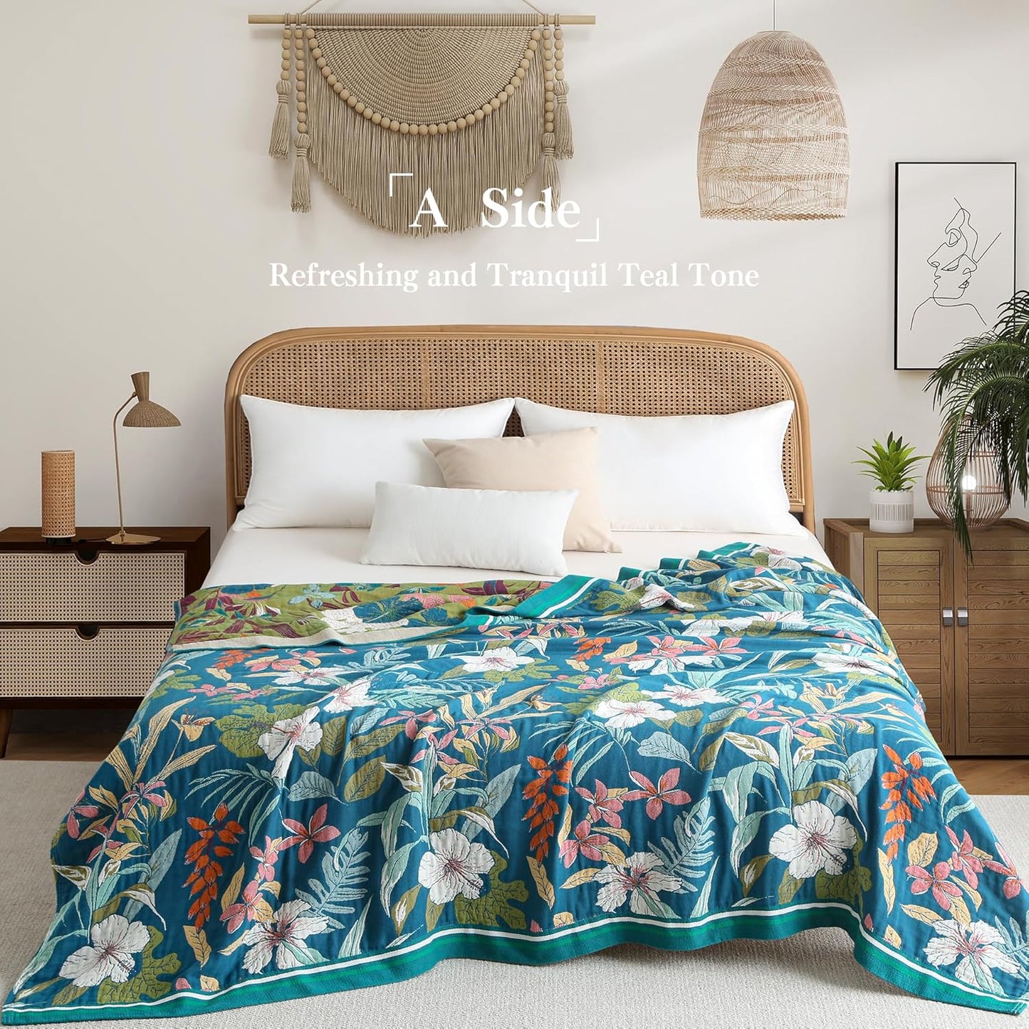 Boho Throw Blanket Twin Size, Soft Cozy Cotton Muslin Quilt Blanket for Bed Decor, Floral Patterned Couch Sofa Chair Cover, Vintage Farmhouse Cottage Tapestry Woven Blanket, Teal&Green