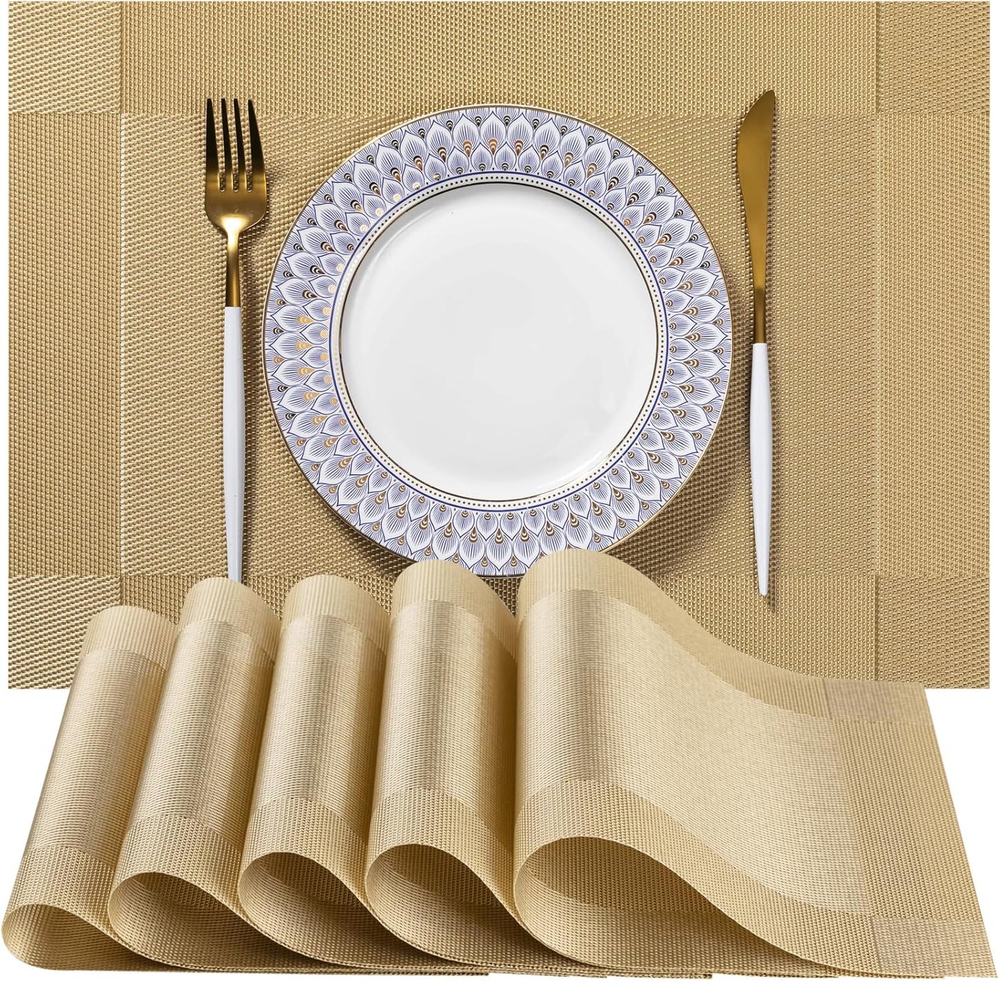 LEXMORE PlaceMats Set of 12 Vinyl/Plastic Woven Place Mats for Kitchen Table Indoor/Outdoor Washable PlaceMat Wipeable Dining Table Mats(Gold Cube)