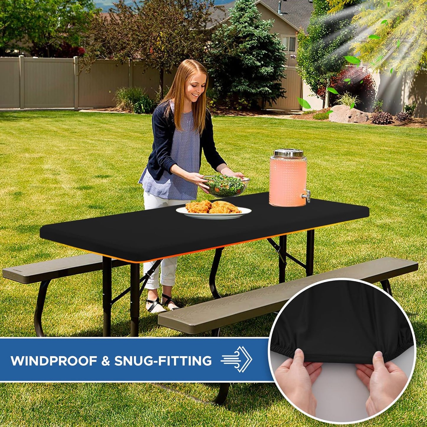 Fitted Tablecloth for 6 Foot Rectangle Tables-2 Pack Black Elastic Outdoor Picnic Table Cover-Spandex Stretch Folding Table Cloths 6 ft for Camping Dining Room Patio Kitchen Banquet Party