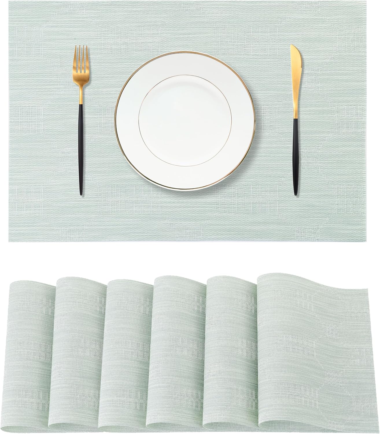 Leetaltree Mint Cream Placemats Set of 6 - Heat Resistant Non-Slip Place mats for Dining Table, Washable Durable PVC Vinyl Woven Table Mats（Mint Cream, 6）