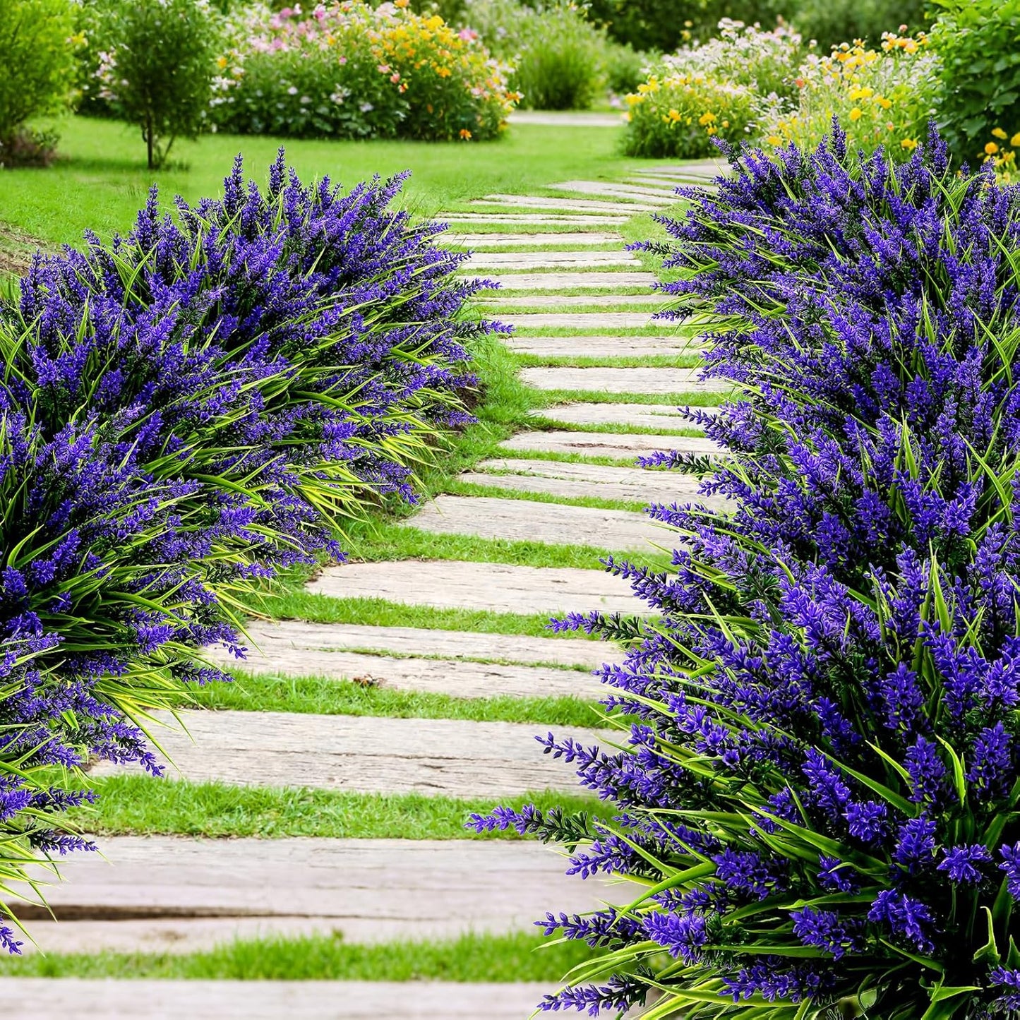 Geegoods 24 Bundles Artificial Plants Flowers Outdoor – Faux Lavender Flowers with Monkey Grass UV Resistant Plastic Faux Plants for Garden Porch Window Patio Hanging Planter Home Decor