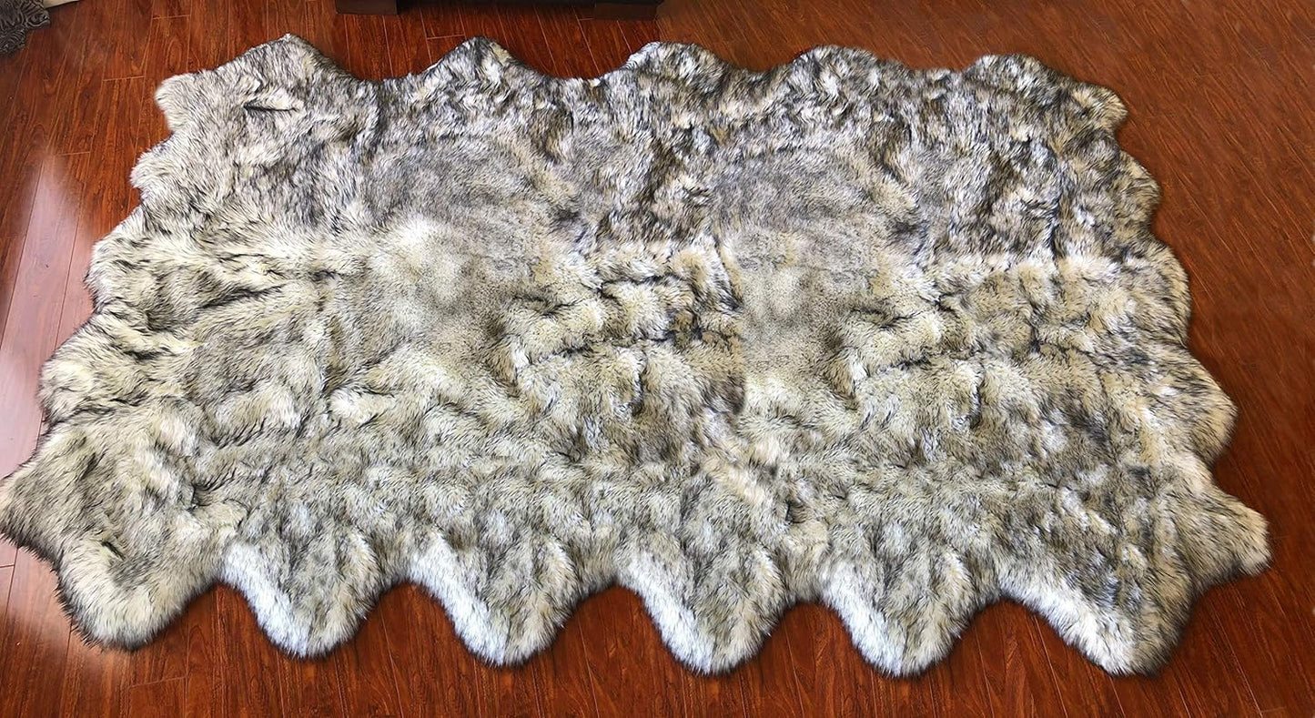 LAMBZY Faux Sheepskin Hypoallergenic Free Shape Silky Shag Rug, Luxury Shaggy Silky Plush Carpet for Bedrooms Rugs Living, Sofa Floor (Duo Decto 12 Pelts 6'x12', 180x360cm White/Black Tips)