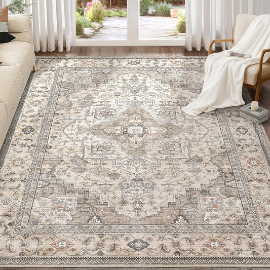 Washable Area Rugs for Living Room - 10x14 Neutral Vintage Distressed Floral Farmhouse Boho Large Soft Floor Rug Indoor Non Slip Carpet for Bedroom Dining Room Office - Brown/Multi