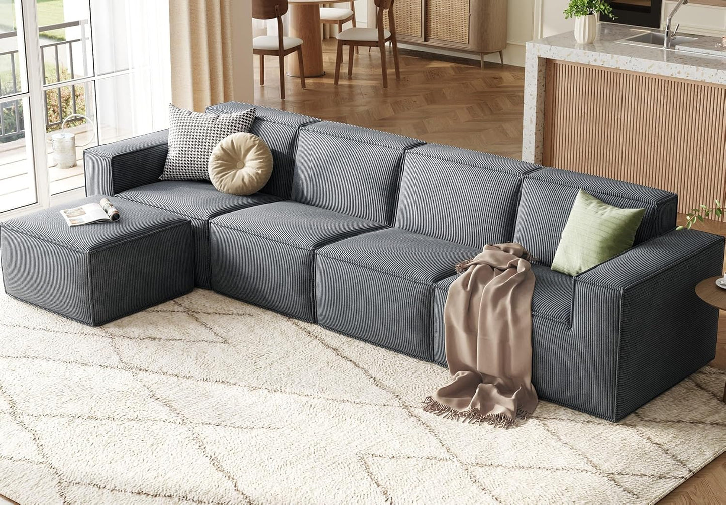 LINSY HOME Modular Sectional Sofa, 134" Boneless Couch L Shaped 4-Seat Sofa with Movable Ottoman, Corduroy Sectional Cloud Couches for Living Room, No Assembly Required, Bluish Grey