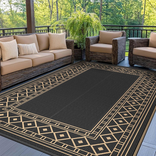 GENIMO Outdoor Rug 5'x8' Waterproof for Patio, Reversible Outdoor Plastic Straw Rug Carpet, Camping Mats for Outdoor Decor, RV, Backyard, Deck, Balcony, Picnic, Black & Brown