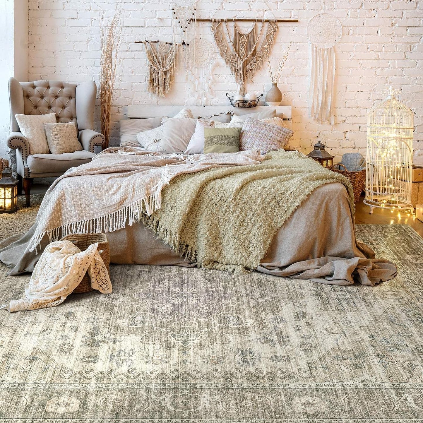 Washable Area Rugs for Living Room - 5x7 Neutral Vintage Distressed Floral Farmhouse Boho Large Soft Floor Rug Indoor Non Slip Carpet for Living Room Bedroom Dining Room Office - Brown/Tan