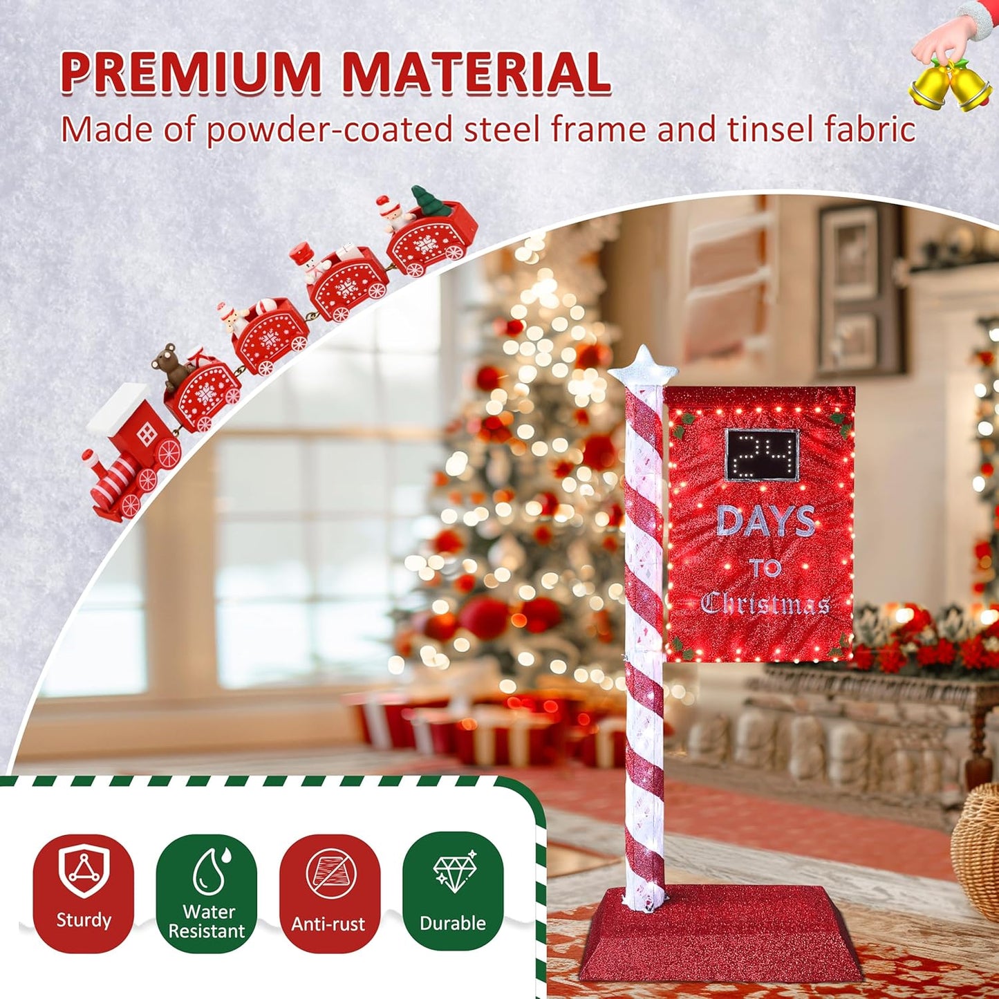 5FT Lighted Christmas Countdown Sign, Remote Control Available Within 0-60 Days, Holiday Countdown Sign Decor with 125 LED Lights, Freestanding Glittered Holiday Display for Outdoor, Indoor