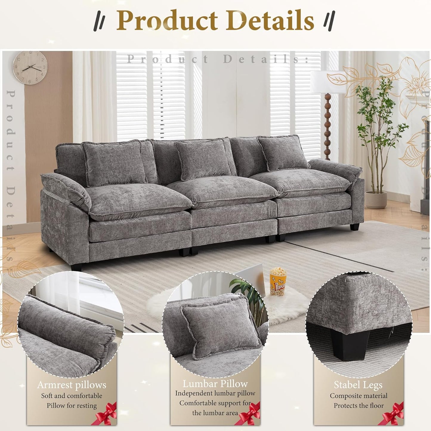 URRED Modular Sectional Sofa Comfy Cloud Couch, Modern Chenille Sofa Sleeper Deep Seat Couches with Ottoman/Pillows for Living Room (Gray, 117'')