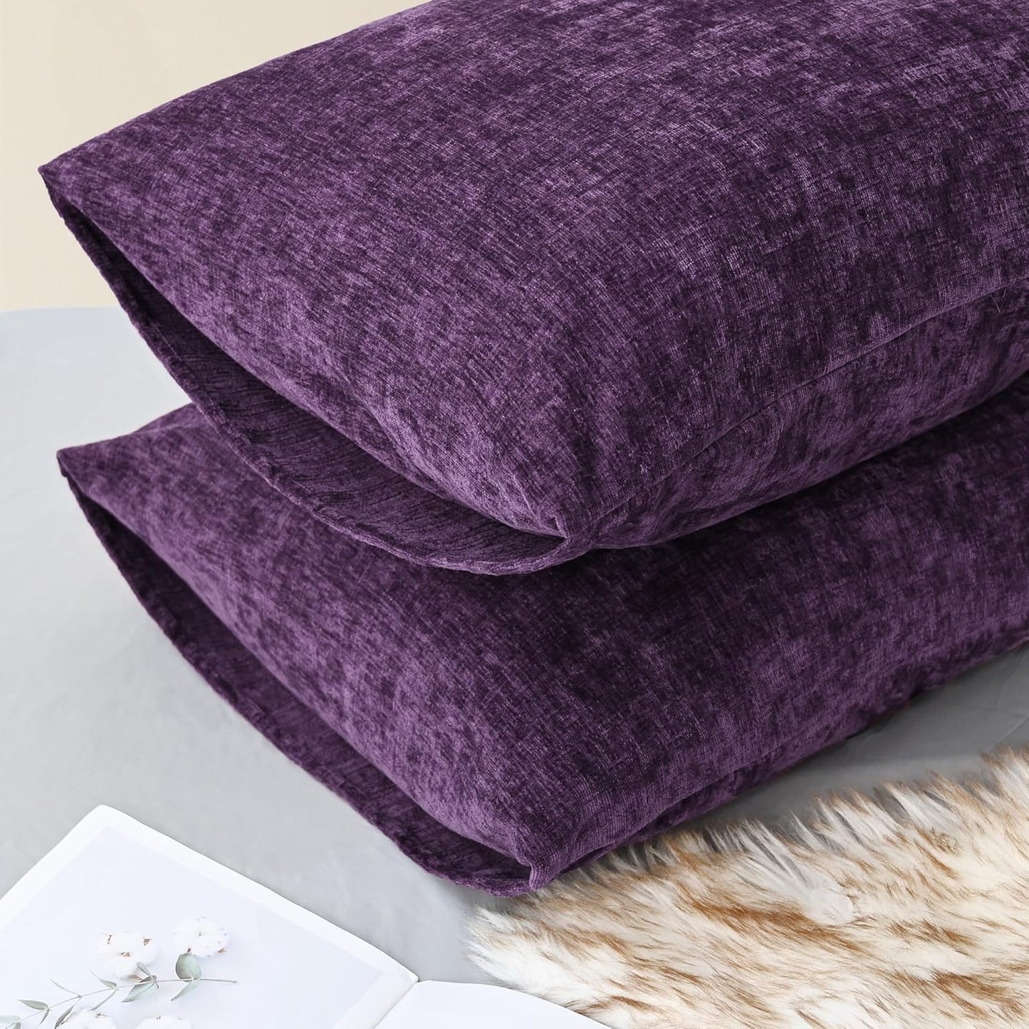 CaliTime Throw Pillow Covers Decorative 20 X 26 Inches Pack of 2 Cozy Chenille Standard Pillow Shams Cases for Couch Sofa Bed Living Room Home Plum Purple