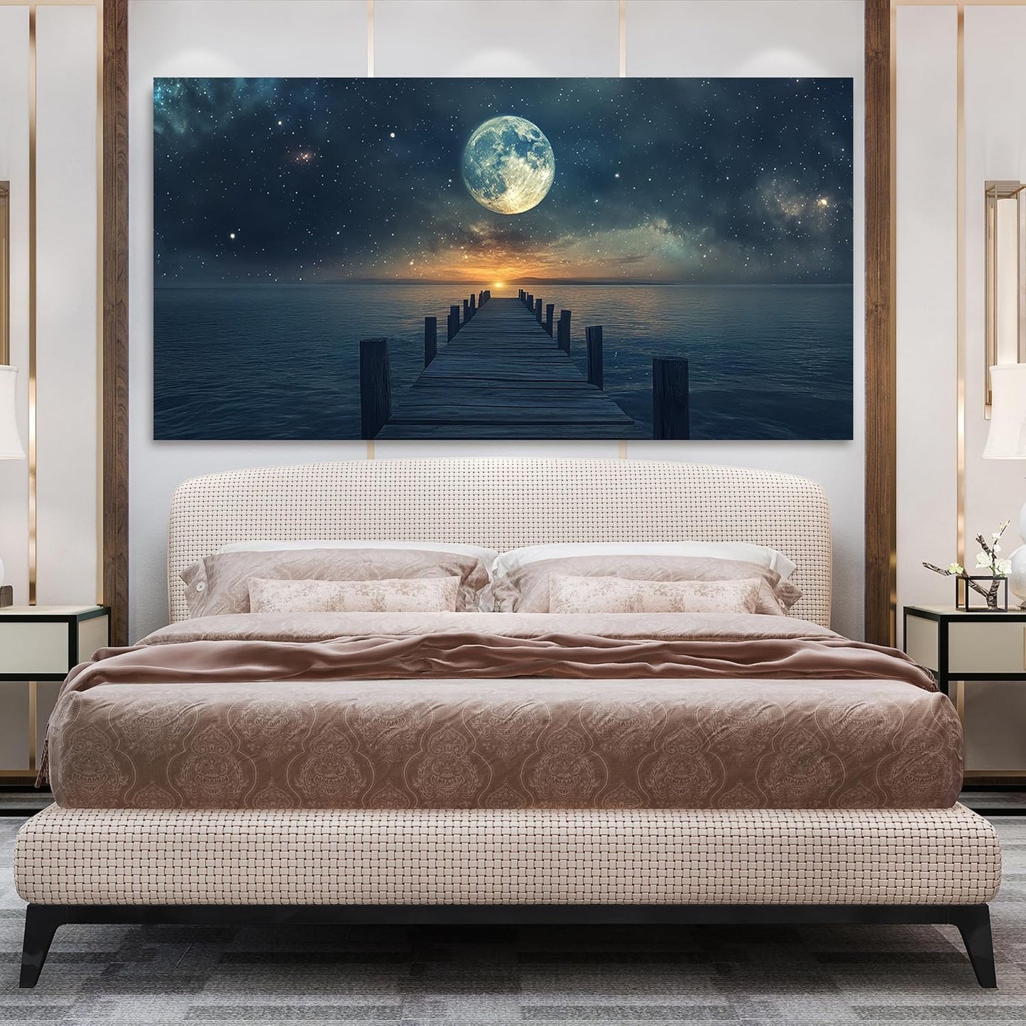 Canvas Wall Art Decor Large Wall Art Pictures for Living Room Canvas Art Wall Decor Landscape Coastal Wall Art Blue Artwork for Walls Prints Star Moon Art Work for Home Office Wall Decor 29"x58"