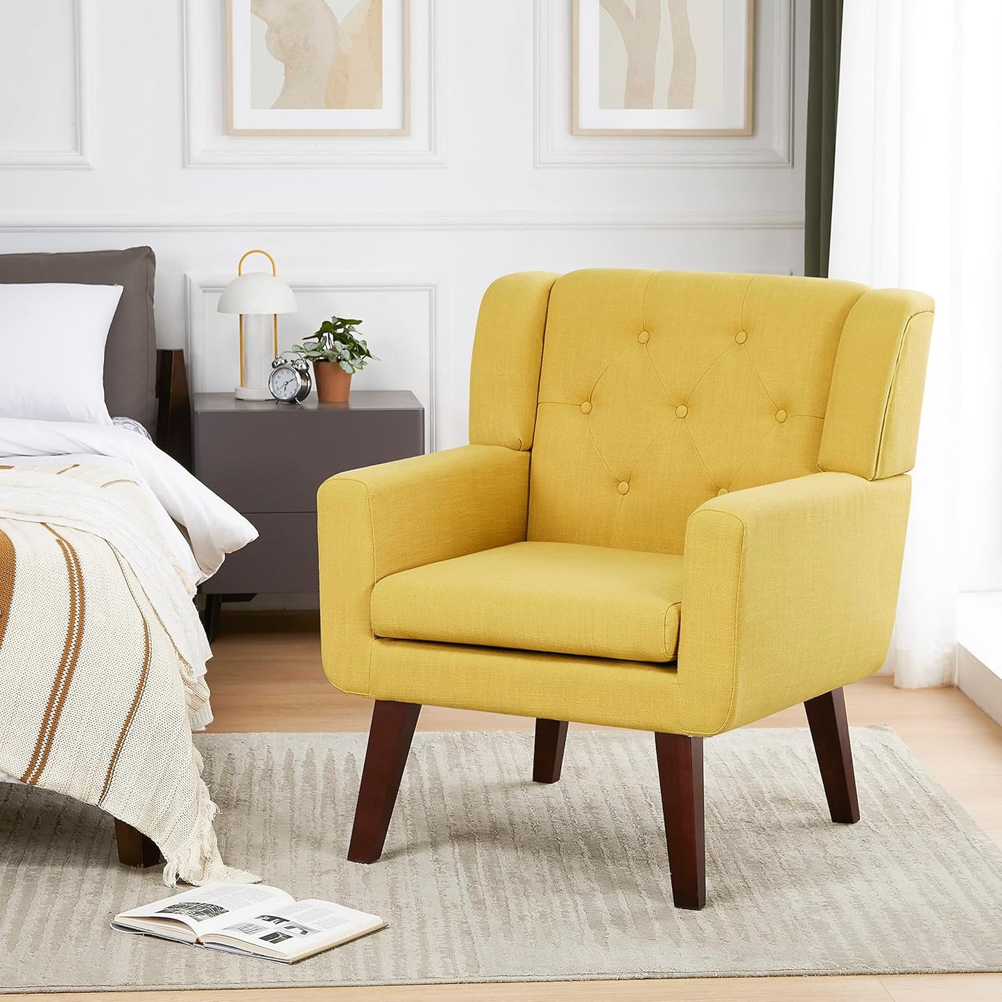 Accent Chairs Set of 2, Button-Tufted Upholstered Living Room Chairs Set of 2, Comfy Reading Chair Mid Century Modern Chairs with Linen Fabric Lounge Arm Chairs for Bedroom (Bright Yellow)