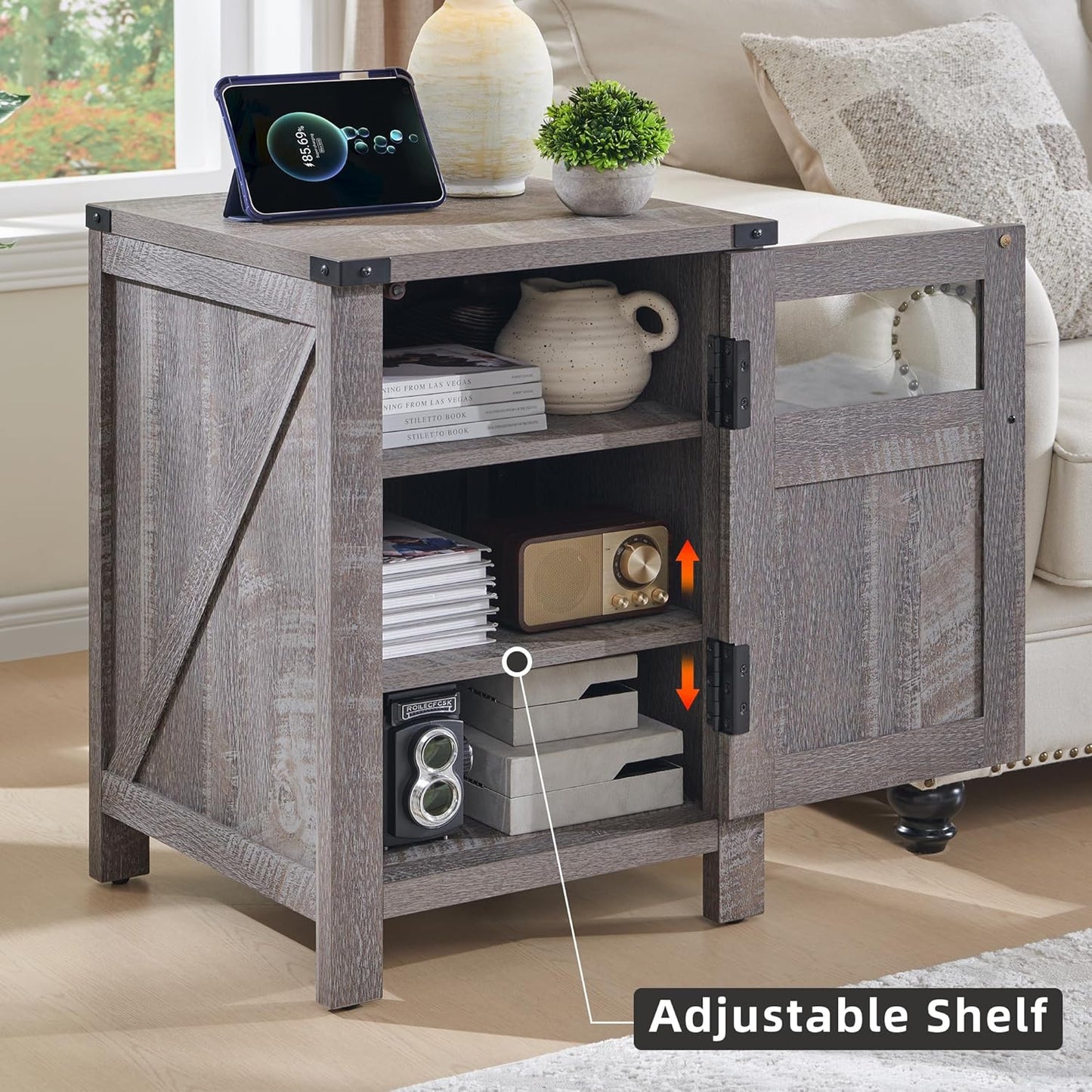 JXQTLINGMU Farmhouse End Table with Charging Station, 18'' Rustic Nightstand with Barn Door & Adjustable Shelf, Wooden Sofa Side Table with 3-Tier Storage for Living Room, Bedroom, Gray